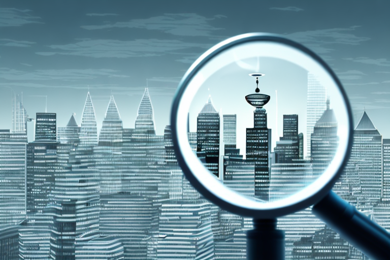 A magnifying glass hovering over a cityscape