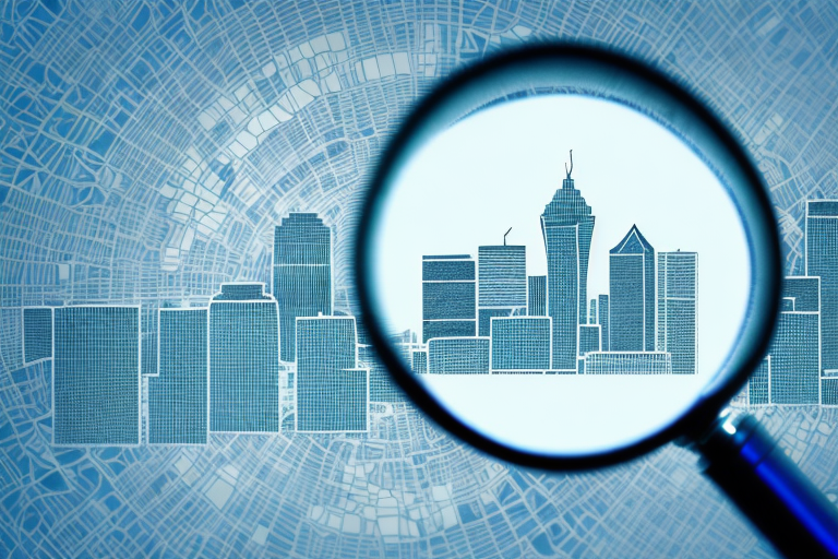 A magnifying glass over a cityscape of oklahoma city