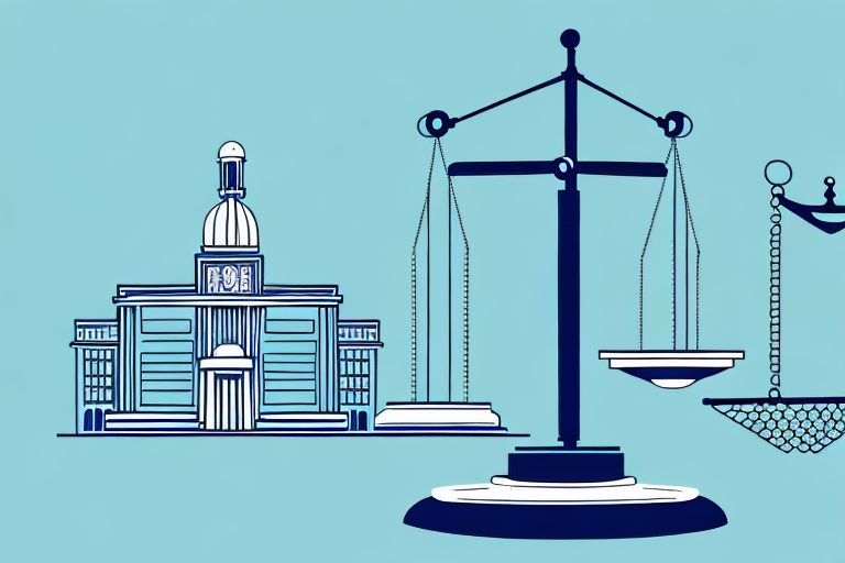 A symbolic balance scale with a car on one side and a courthouse on the other