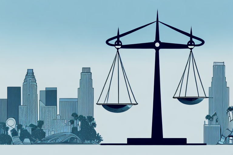 A balanced scale with a will on one side and a model of iconic los angeles landmarks on the other