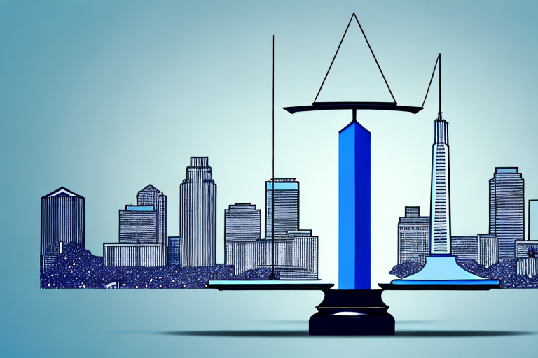 A balanced scale with a will on one side and the oklahoma city skyline on the other