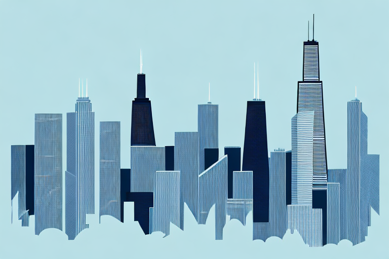 The chicago skyline with a balance scale integrated into the architecture