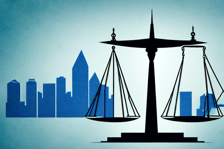 The san diego skyline with a balance scale superimposed over it