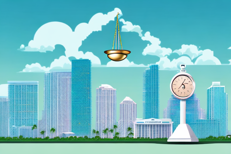 The miami skyline with a balance scale in the foreground