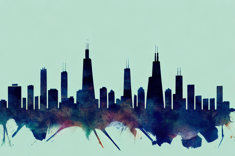 The chicago skyline with a balanced scale symbolizing justice prominently featured in the foreground