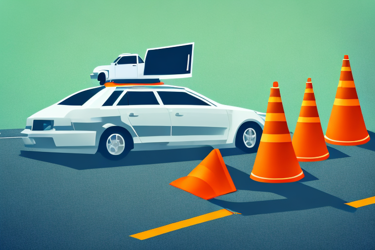 A broken car on the side of a road with traffic cones and legal scales symbolizing justice in the background