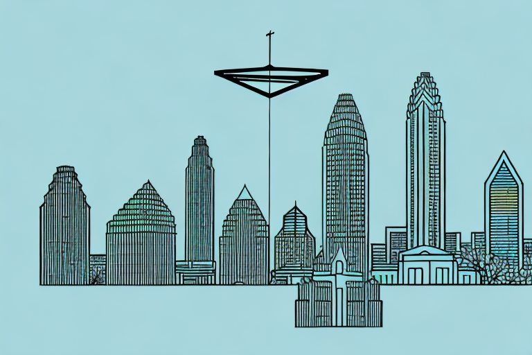 The austin city skyline with a balance scale superimposed over it