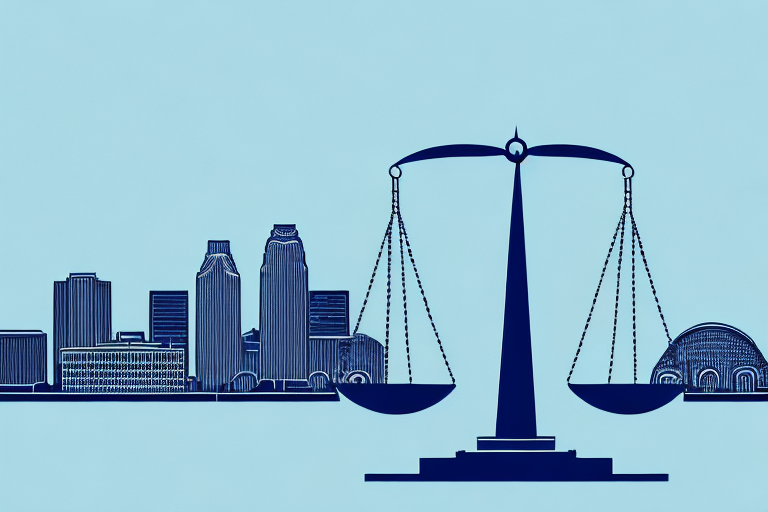The st. louis skyline with a balance scale integrated into the design