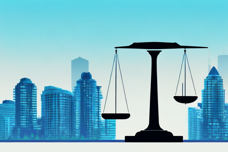 A balanced scale with a gavel on one side and the vancouver city skyline on the other