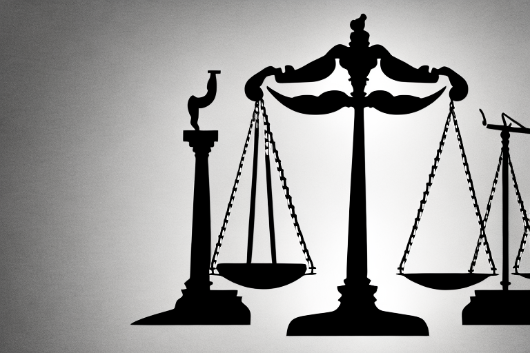 A balanced scale in front of a silhouette of the stockton city skyline