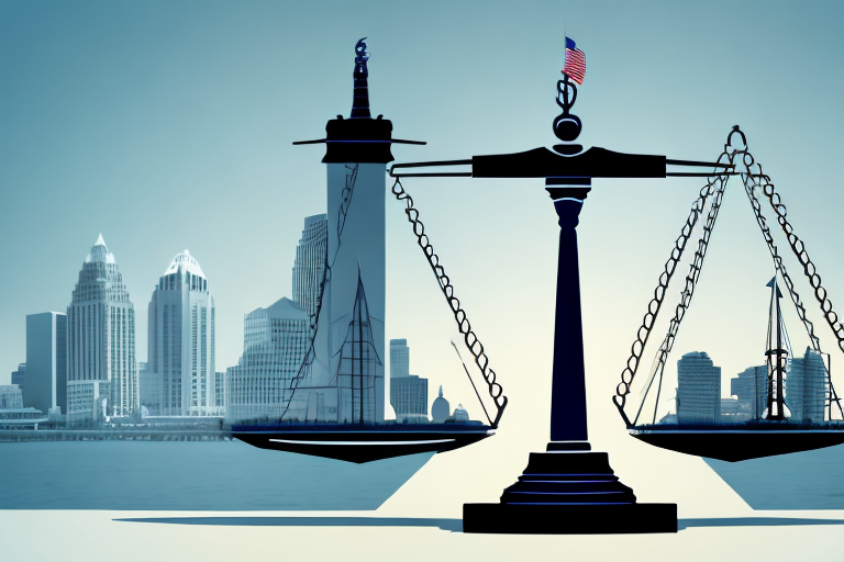 A balanced scale with a gavel on one side and a symbolic representation of a house (representing family) on the other side