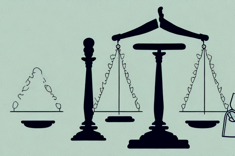 A balanced scale with a gavel on one side and a peace symbol on the other