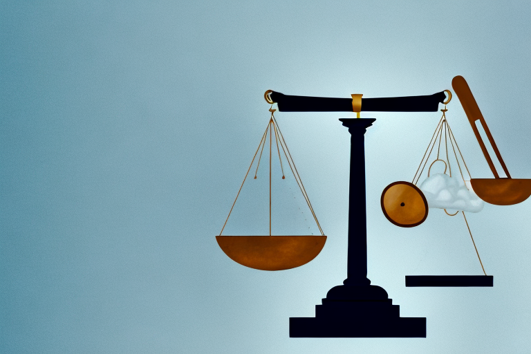 A balanced scale with a gavel on one side and a symbolic representation of harassment such as a storm cloud or a wolf on the other