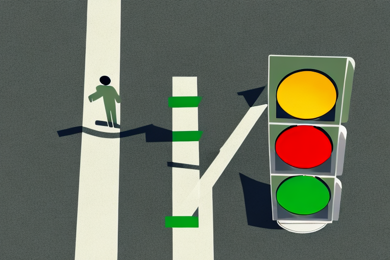 A broken traffic light next to a tipped over pedestrian crosswalk sign