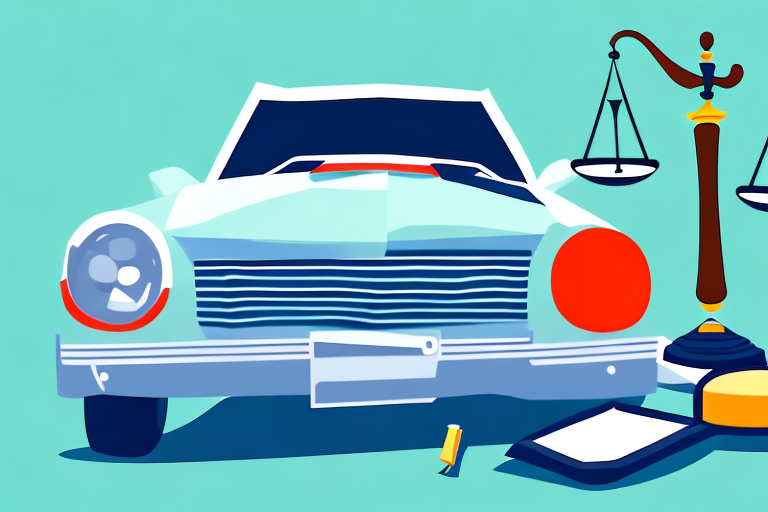 A crashed car with a gavel and a set of law books nearby