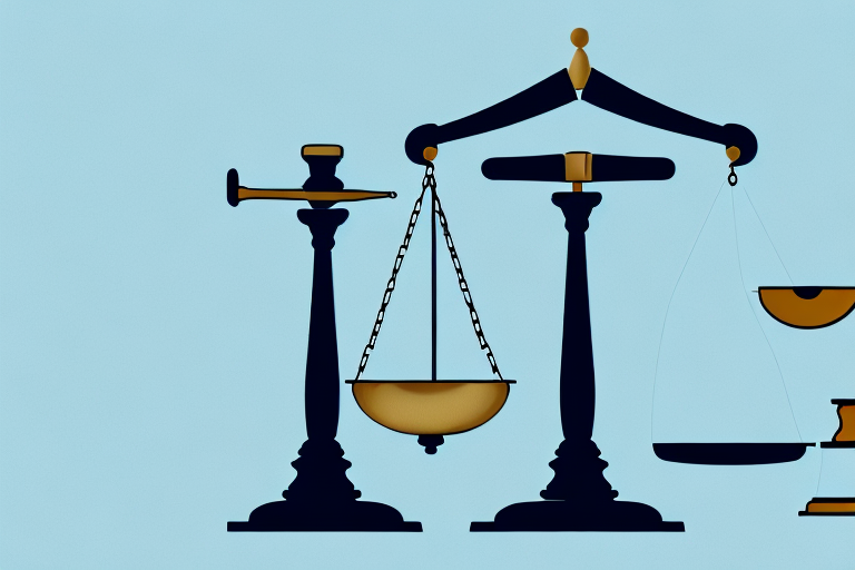 A balance scale with a gavel on one side and a work desk on the other
