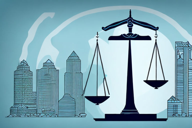 A balanced scale of justice on a background of the san jose city skyline