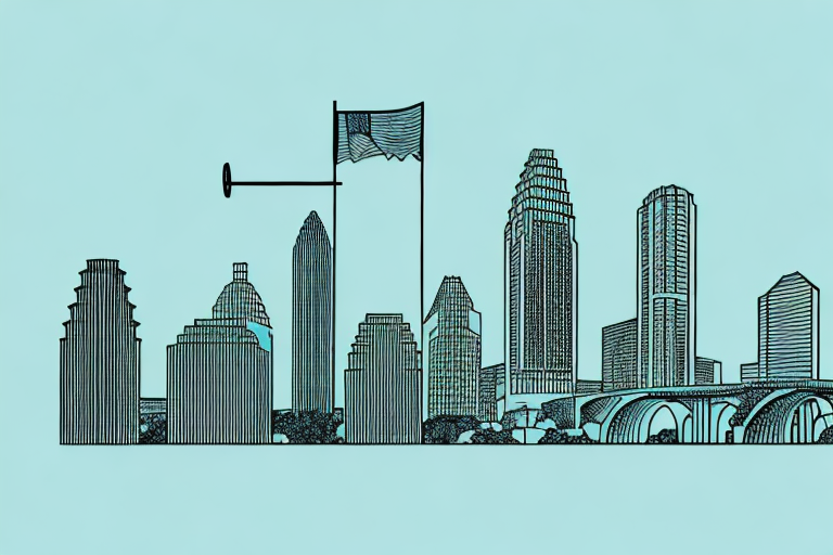 The austin city skyline with a balanced scale in the foreground