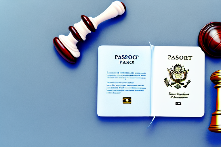 A balanced scale with a passport on one side and a gavel on the other