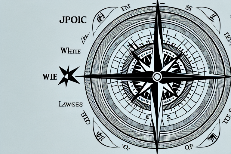 A compass surrounded by various symbols of law