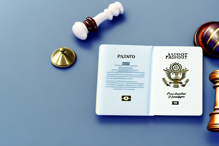 A balanced scale with a passport on one side and a gavel on the other