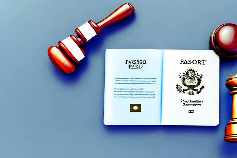 A balanced scale with a passport on one side and a gavel on the other