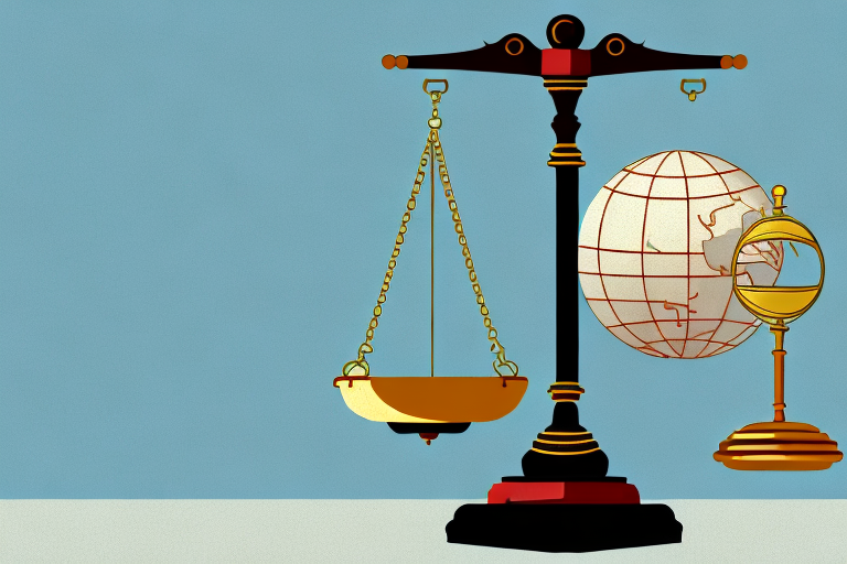 A balance scale where one side has a gavel (representing law) and the other side has a globe (representing immigration)