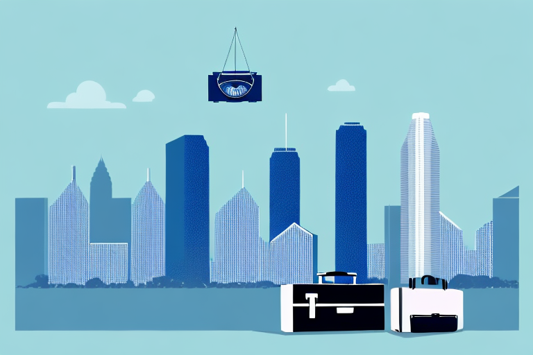 The houston skyline with a balance scale in the foreground