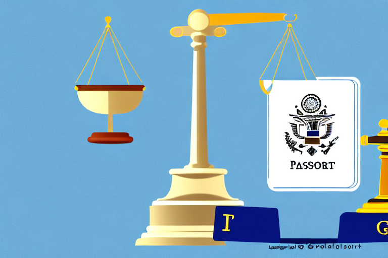 A balanced scale with a gavel on one side and a passport on the other