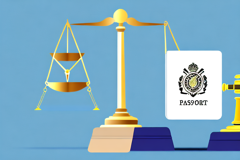 A balanced scale with a gavel on one side and a passport on the other