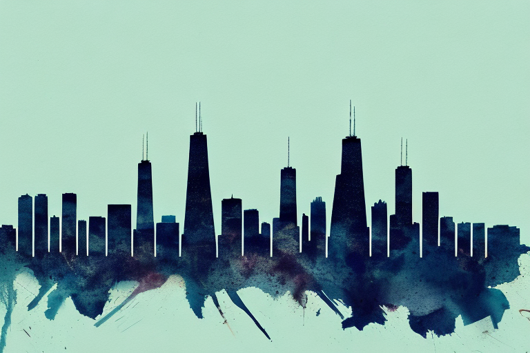 The chicago skyline with a balance scale superimposed on it