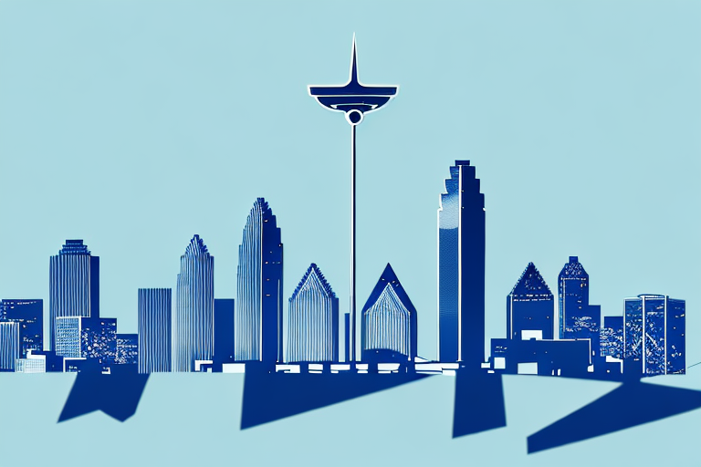The dallas skyline with a balanced scale symbolizing justice