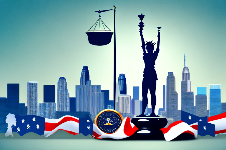 The los angeles skyline with a balanced scale symbolizing justice