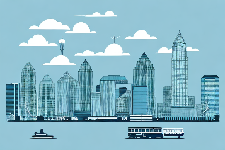 A tampa cityscape with a symbolic justice scale integrated into the skyline