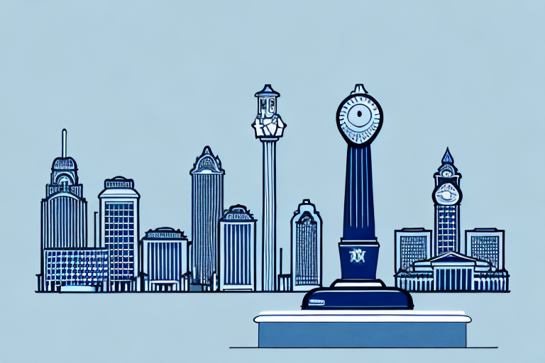 The st. louis skyline with a prominent courthouse building and a symbolic balance scale