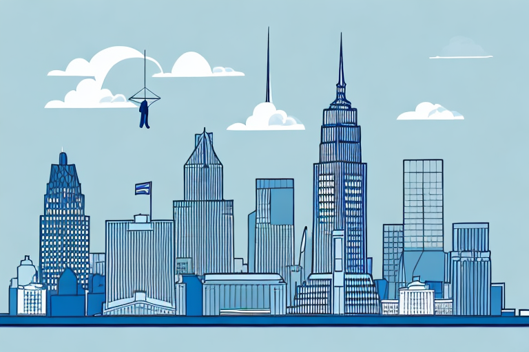 The skyline of jersey city with a prominent courthouse building and a balance scale symbolizing law and justice