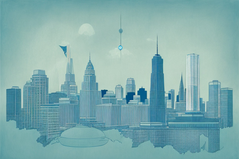 The queens skyline with a balanced scale symbolizing justice prominently featured