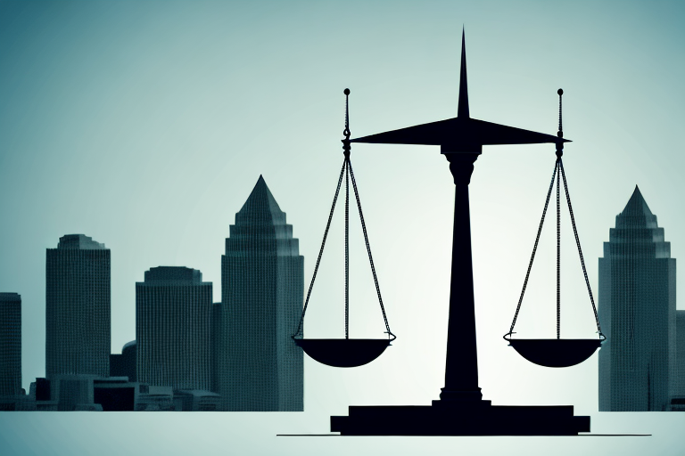 A balanced scale in front of the tulsa skyline