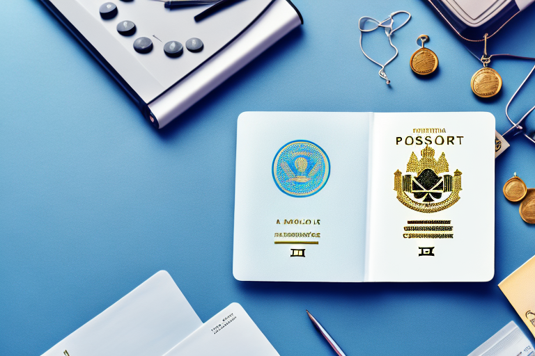 A symbolic balance scale with a passport on one side and a courthouse on the other
