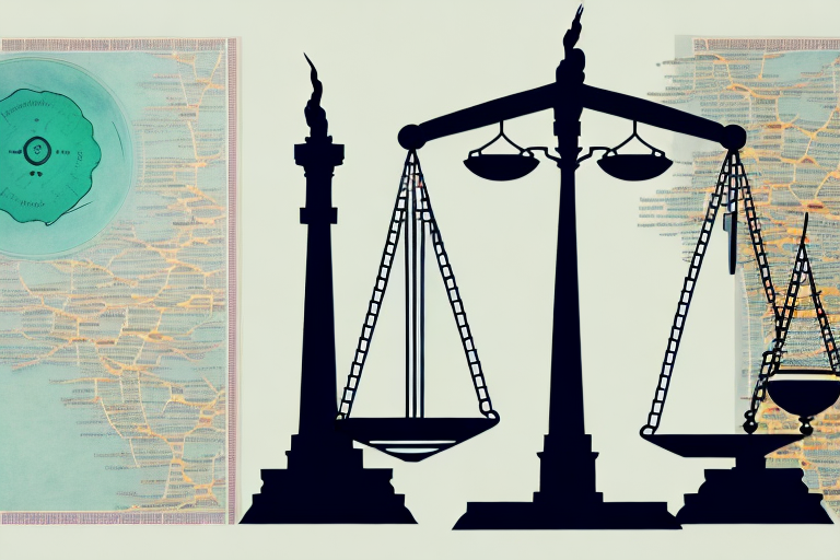 A symbolic balance scale with a statue of liberty on one side and a map of albany