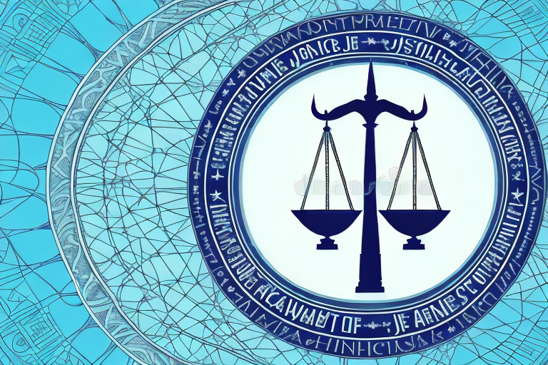 A balanced scale of justice in front of a stylized skyline of mcallen