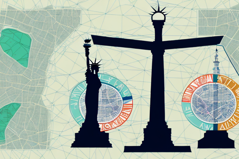 A symbolic balance scale with a statue of liberty on one side and a map of rochester