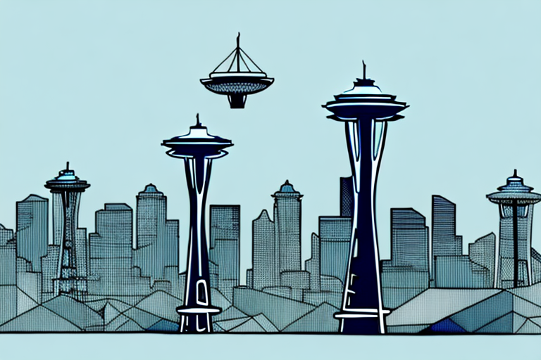 The seattle skyline with a balance scale in the foreground