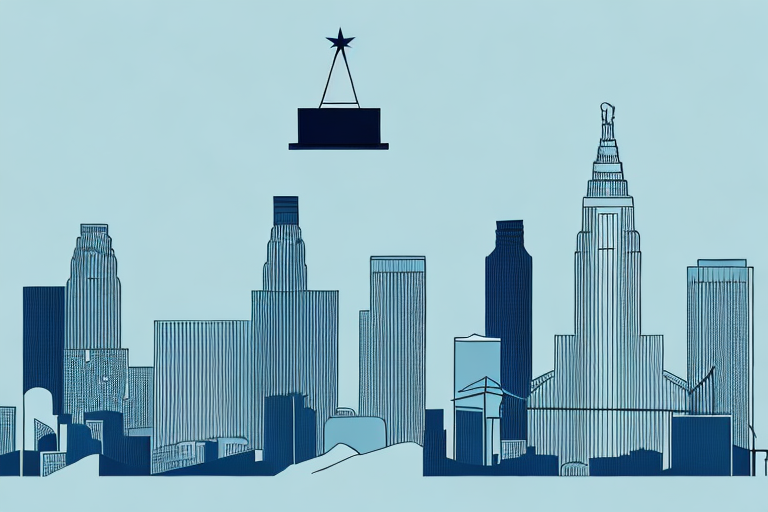 The los angeles skyline with a prominent courthouse building and a balance scale