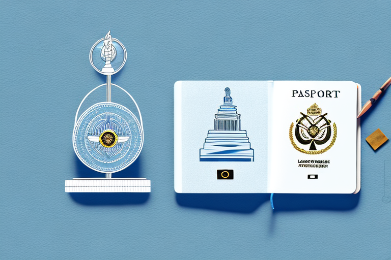 A symbolic balance scale with a passport on one side and a kansas city landmark