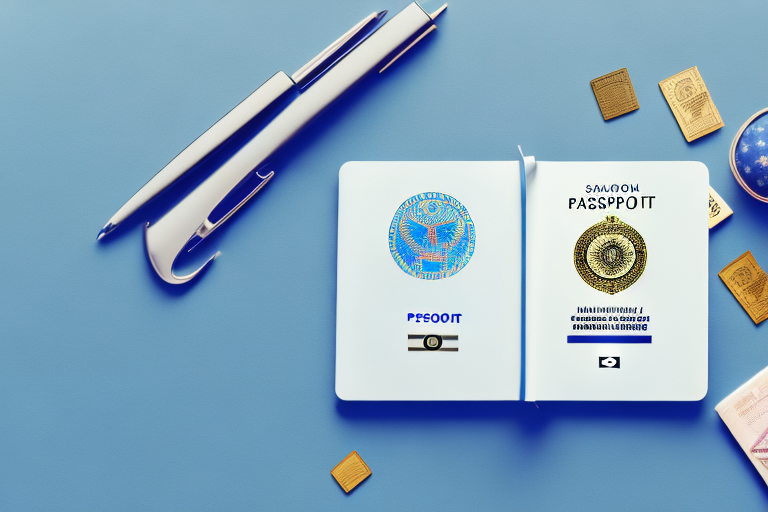 A symbolic balance scale with a passport on one side and an oklahoma city skyline on the other
