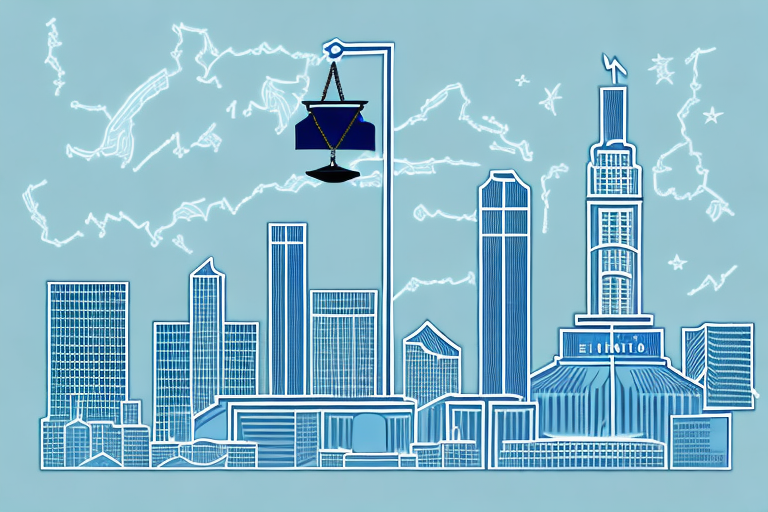 The el paso skyline with a symbolic scale of justice and a gavel in the foreground