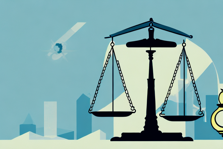 A symbolic balance scale with a gavel on one side and the anchorage skyline on the other
