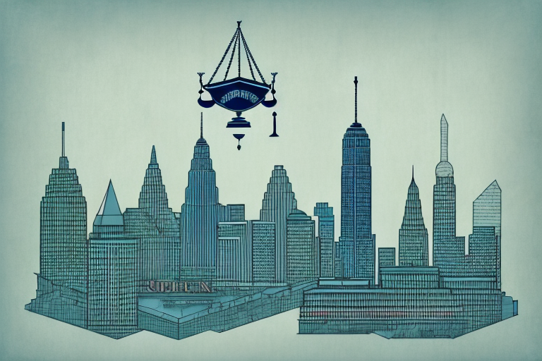 The bronx skyline with a prominent courthouse and a symbolic balance scale
