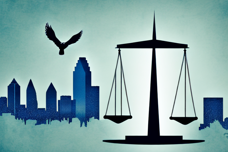 The dallas skyline with a symbolic balance scale in the foreground